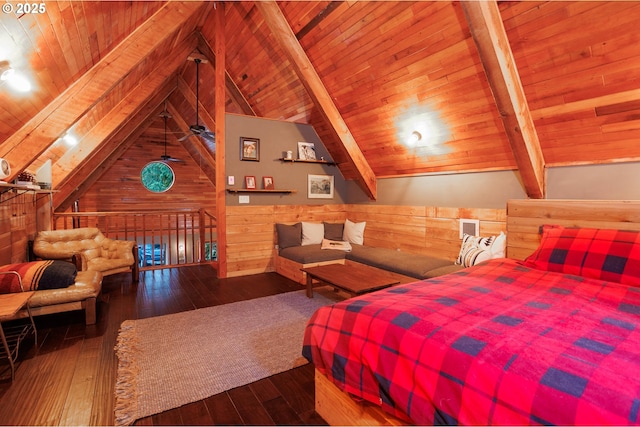 bedroom with vaulted ceiling with beams, wooden walls, wooden ceiling, and wood-type flooring