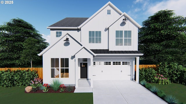 modern inspired farmhouse with metal roof, concrete driveway, a standing seam roof, and fence