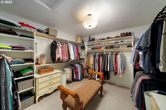 spacious closet with attic access and light colored carpet