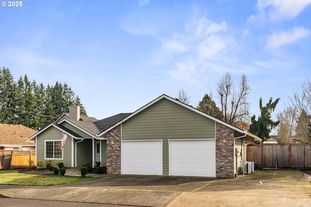 ranch-style house featuring a garage, driveway, fence, cooling unit, and brick siding