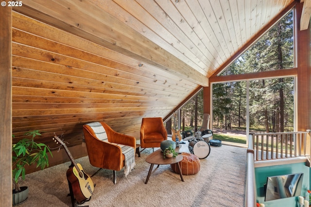living area featuring wood ceiling, carpet, and lofted ceiling