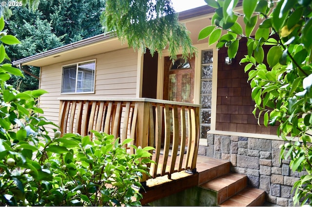 exterior space featuring stone siding