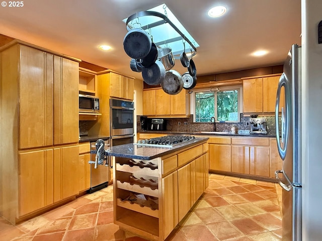 kitchen featuring a kitchen island, open shelves, a sink, stainless steel appliances, and backsplash