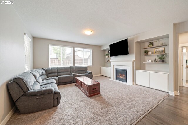4744 S 19th St, Ridgefield, WA 98642 - living area with a fireplace with flush hearth, baseboards, wood finished floors, a textured ceiling, and built in features