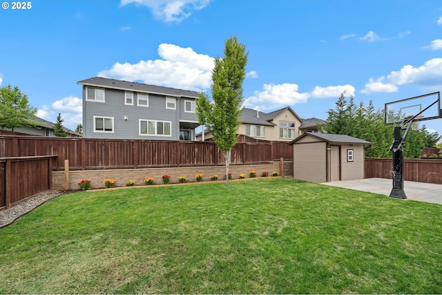 4744 S 19th St, Ridgefield, WA 98642 - view of yard featuring an outdoor structure, a shed, and a patio area