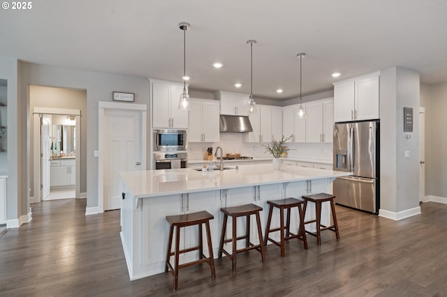 4744 S 19th St, Ridgefield, WA 98642 - kitchen with appliances with stainless steel finishes, under cabinet range hood, a sink, dark wood-style flooring, and recessed lighting