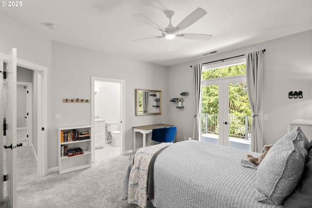 bedroom featuring visible vents, carpet floors, baseboards, access to outside, and connected bathroom
