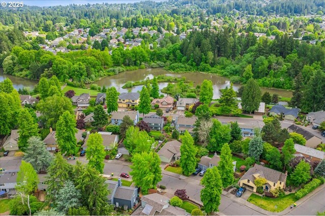 aerial perspective of suburban area featuring a heavily wooded area and a nearby body of water