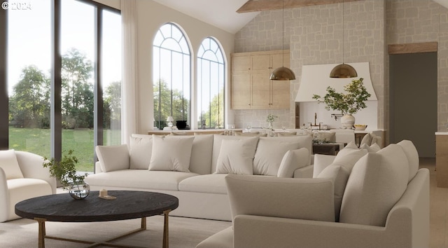 living room featuring vaulted ceiling with beams