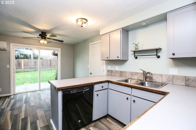 kitchen featuring white cabinets, sink, black dishwasher, and dark wood-type flooring