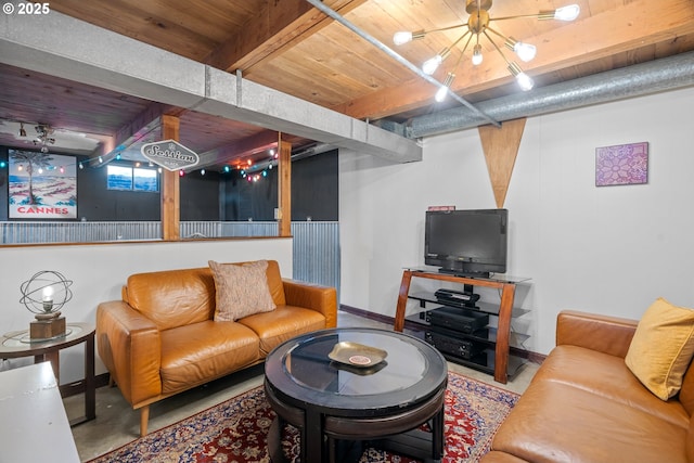 living room with baseboards, concrete flooring, a chandelier, and wooden ceiling