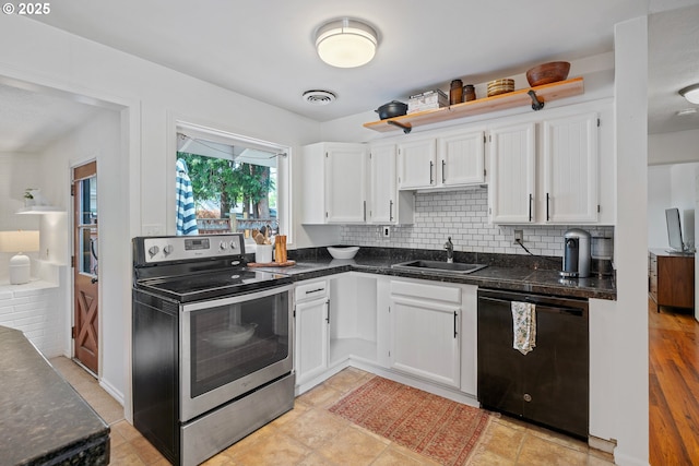 kitchen featuring a sink, dark countertops, white cabinets, electric stove, and dishwasher