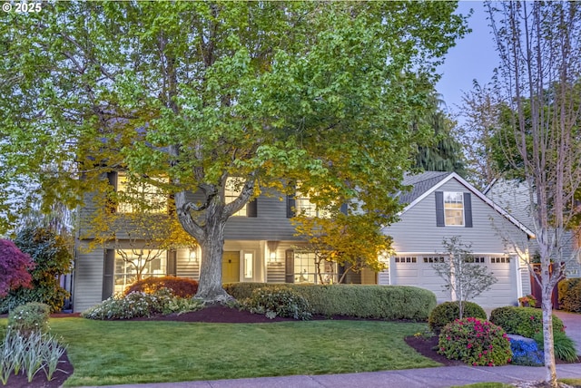 obstructed view of property with a garage, driveway, and a front lawn