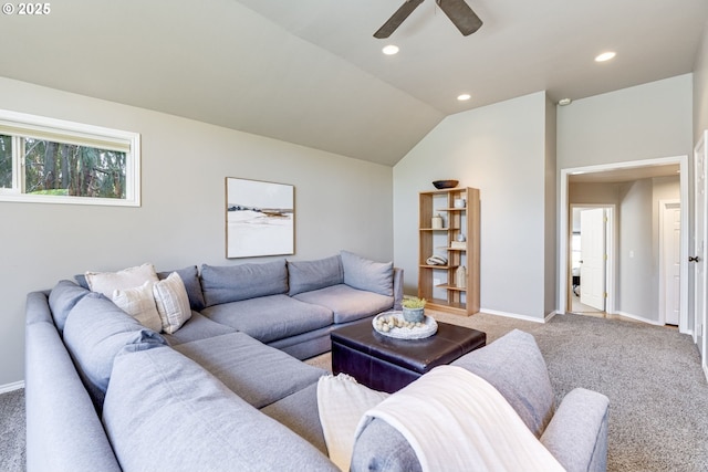 carpeted living area featuring recessed lighting, a ceiling fan, baseboards, and vaulted ceiling
