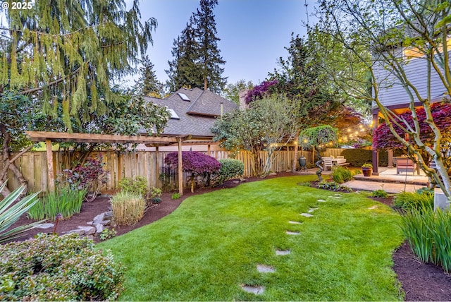view of yard with a fenced backyard and a patio area