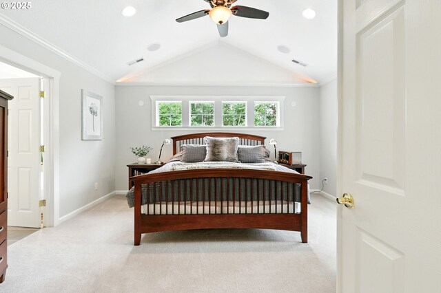20817 NE 101st Ct, Battle Ground, WA 98604 - bedroom featuring lofted ceiling, light colored carpet, ornamental molding, and ceiling fan