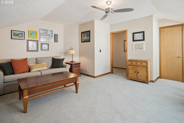 17514 Brookhurst Dr, Lake Oswego, OR 97034 - living room featuring vaulted ceiling, a ceiling fan, light carpet, and baseboards