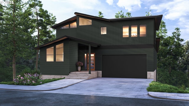 3105 NW Blue Sky Ln, Portland, OR 97229 - contemporary home with an attached garage, driveway, and stone siding