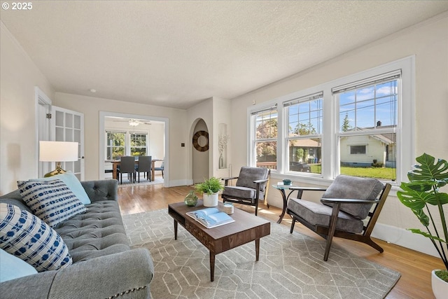 living area featuring ceiling fan, a healthy amount of sunlight, and wood finished floors