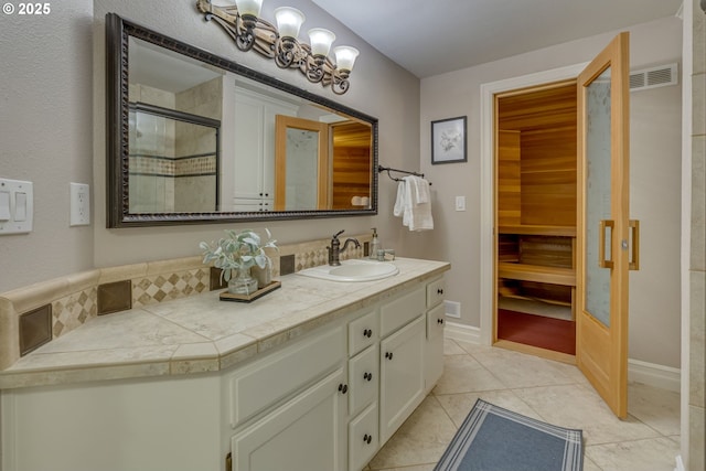 17865 NW Elk Meadow Ln, Portland, OR 97229 - bathroom with vanity, a shower stall, and tile patterned flooring