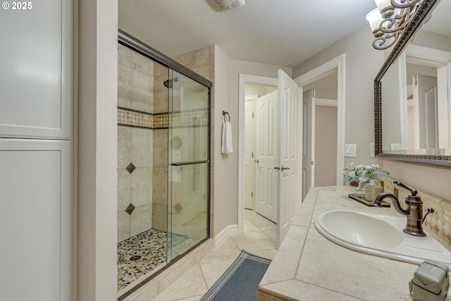 17865 NW Elk Meadow Ln, Portland, OR 97229 - full bathroom with a stall shower, vanity, and tile patterned flooring