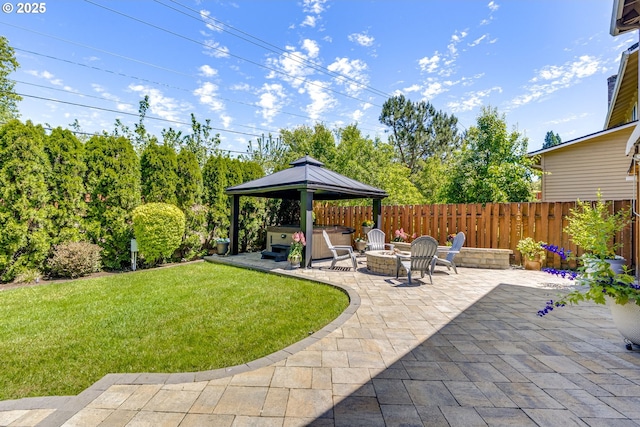 17865 NW Elk Meadow Ln, Portland, OR 97229 - view of patio / terrace with a hot tub, a fire pit, and a gazebo
