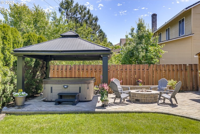 17865 NW Elk Meadow Ln, Portland, OR 97229 - view of patio featuring a hot tub, an outdoor fire pit, and a gazebo