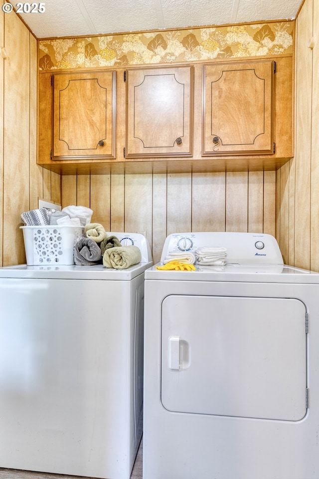 washroom with cabinet space, independent washer and dryer, and wooden walls