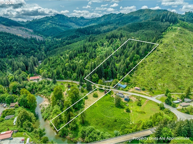 aerial view of property and surrounding area featuring a forest, property boundaries highlighted, and a water and mountain view