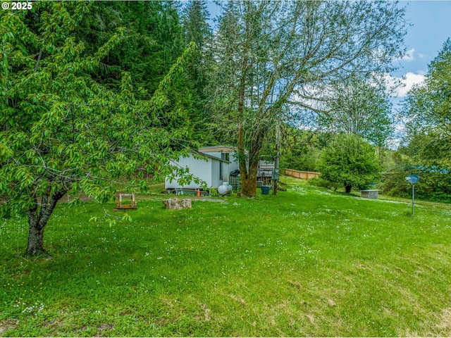 view of grassy yard with an outdoor structure