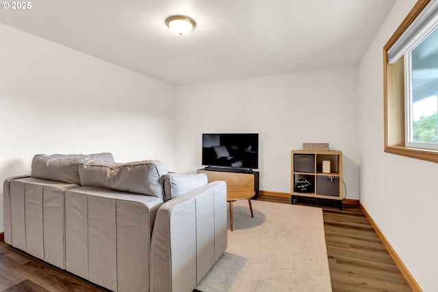 living area featuring wood finished floors and baseboards