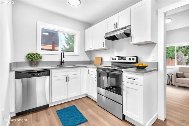 328 18th Ave, Longview, WA 98632 - kitchen with appliances with stainless steel finishes, under cabinet range hood, a sink, white cabinets, and light wood-style floors