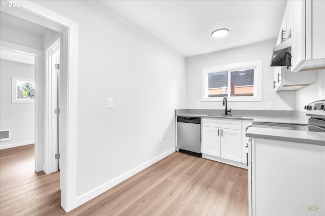 328 18th Ave, Longview, WA 98632 - kitchen featuring stainless steel dishwasher, a sink, range with electric stovetop, and light wood-style flooring