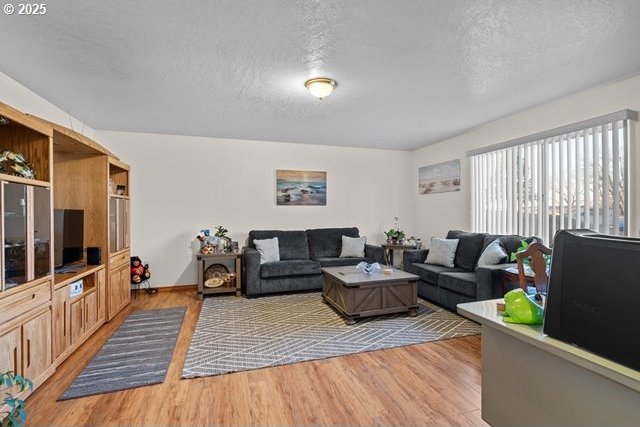 living room featuring light wood-type flooring and a textured ceiling