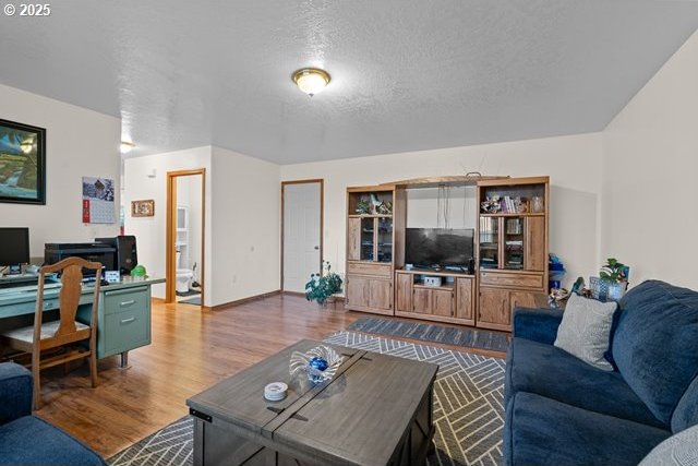 living room with hardwood / wood-style floors and a textured ceiling