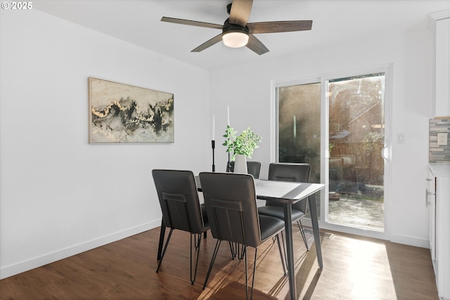 288 NE Hyde Cir, Hillsboro, OR 97124 - dining space featuring a ceiling fan, wood finished floors, and baseboards