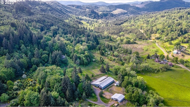 view of property location with a forest and a mountainous background