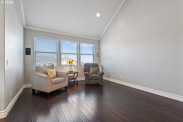130 Ridge Dr, La Grande, OR 97850 - sitting room with baseboards, ornamental molding, vaulted ceiling, and hardwood / wood-style floors