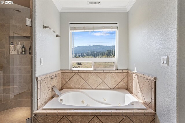 130 Ridge Dr, La Grande, OR 97850 - full bathroom featuring a jetted tub, ornamental molding, a stall shower, and visible vents