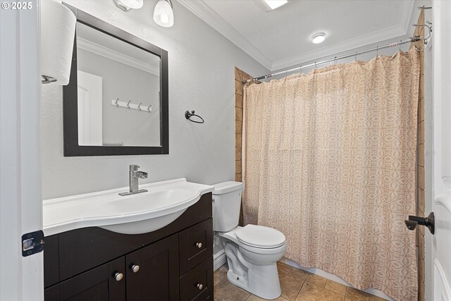 130 Ridge Dr, La Grande, OR 97850 - bathroom with crown molding, tile patterned flooring, vanity, toilet, and a shower with shower curtain