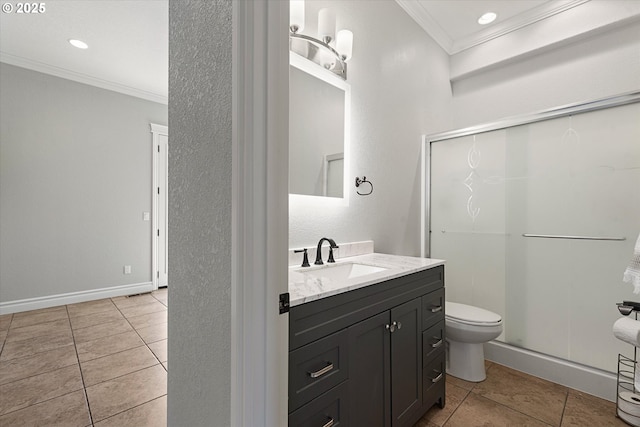 130 Ridge Dr, La Grande, OR 97850 - bathroom featuring tile patterned flooring, ornamental molding, toilet, and a shower stall