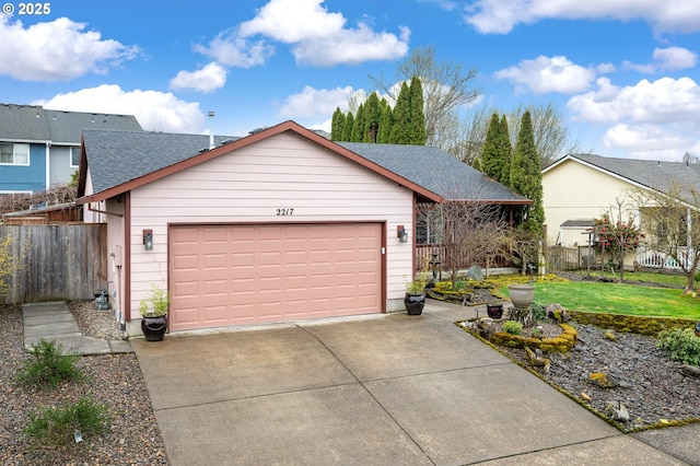 single story home with driveway, an attached garage, roof with shingles, and fence