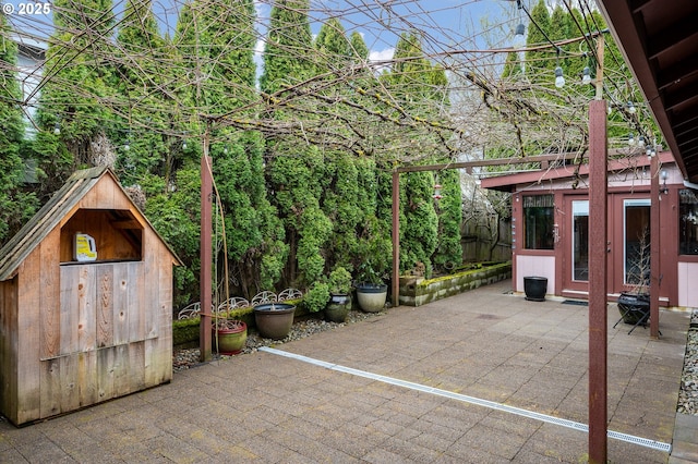 view of patio / terrace featuring an outdoor structure