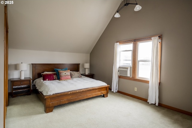 bedroom featuring lofted ceiling, light colored carpet, and cooling unit