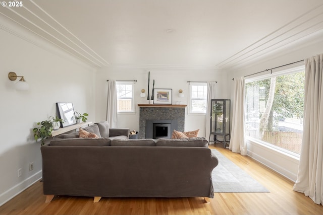 living room featuring crown molding, light hardwood / wood-style floors, and a healthy amount of sunlight