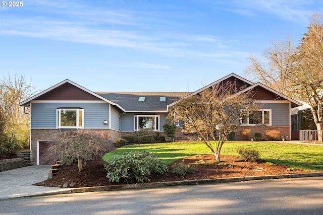 ranch-style house with an attached garage, driveway, stone siding, and a front lawn