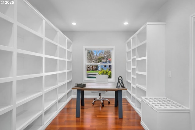office with wood finished floors, baseboards, and recessed lighting