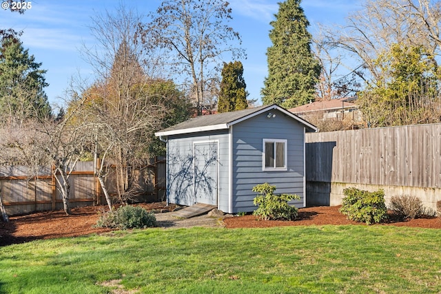 view of shed with a fenced backyard