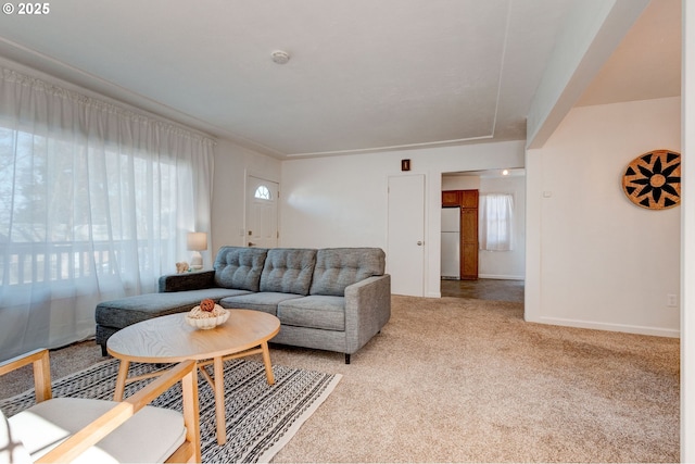 living area featuring carpet flooring and baseboards