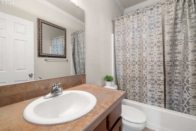 full bath with vanity, ornamental molding, toilet, and shower / bathtub combination with curtain